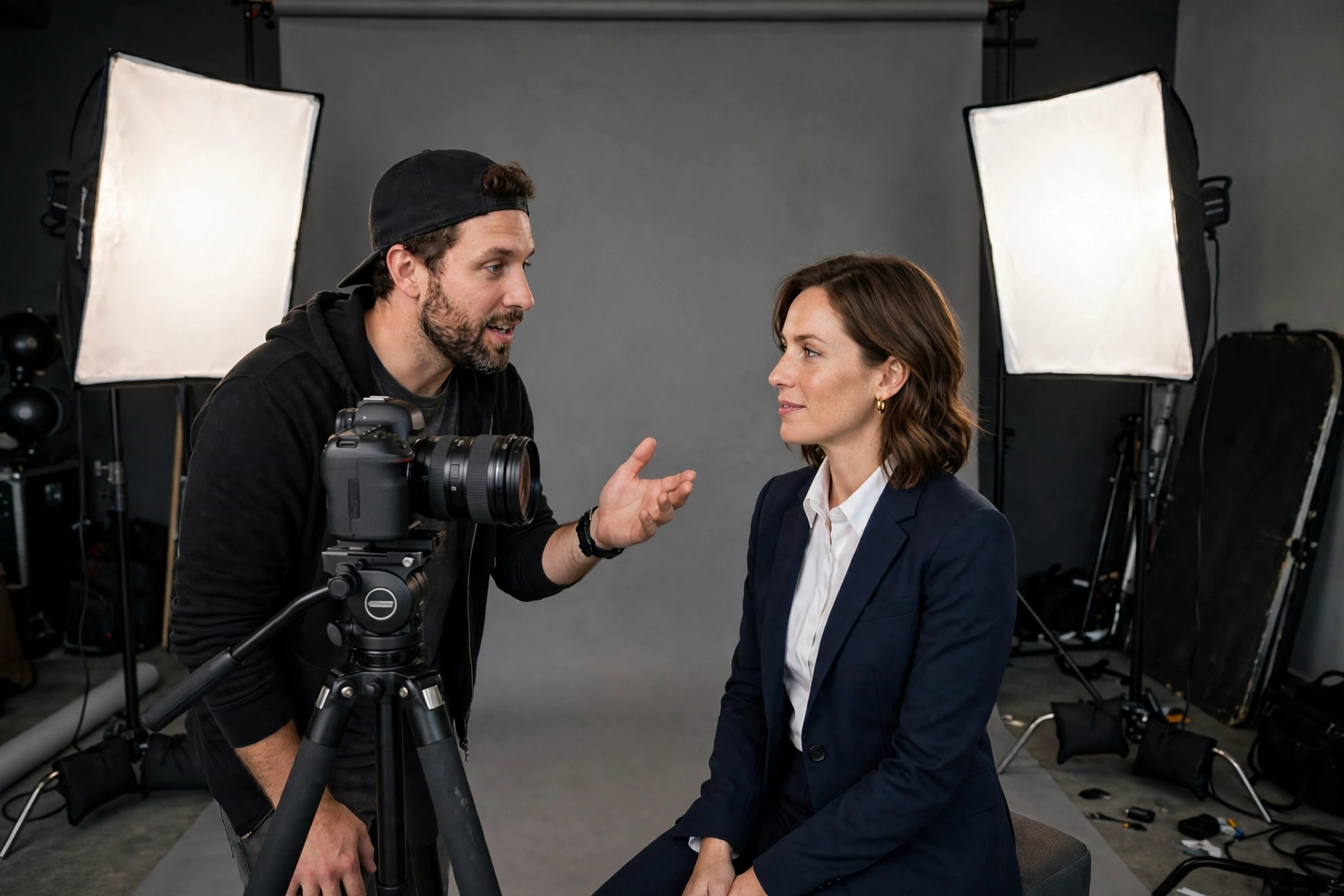 Photographer directing a client during a studio session while comparing how much professional headshots cost