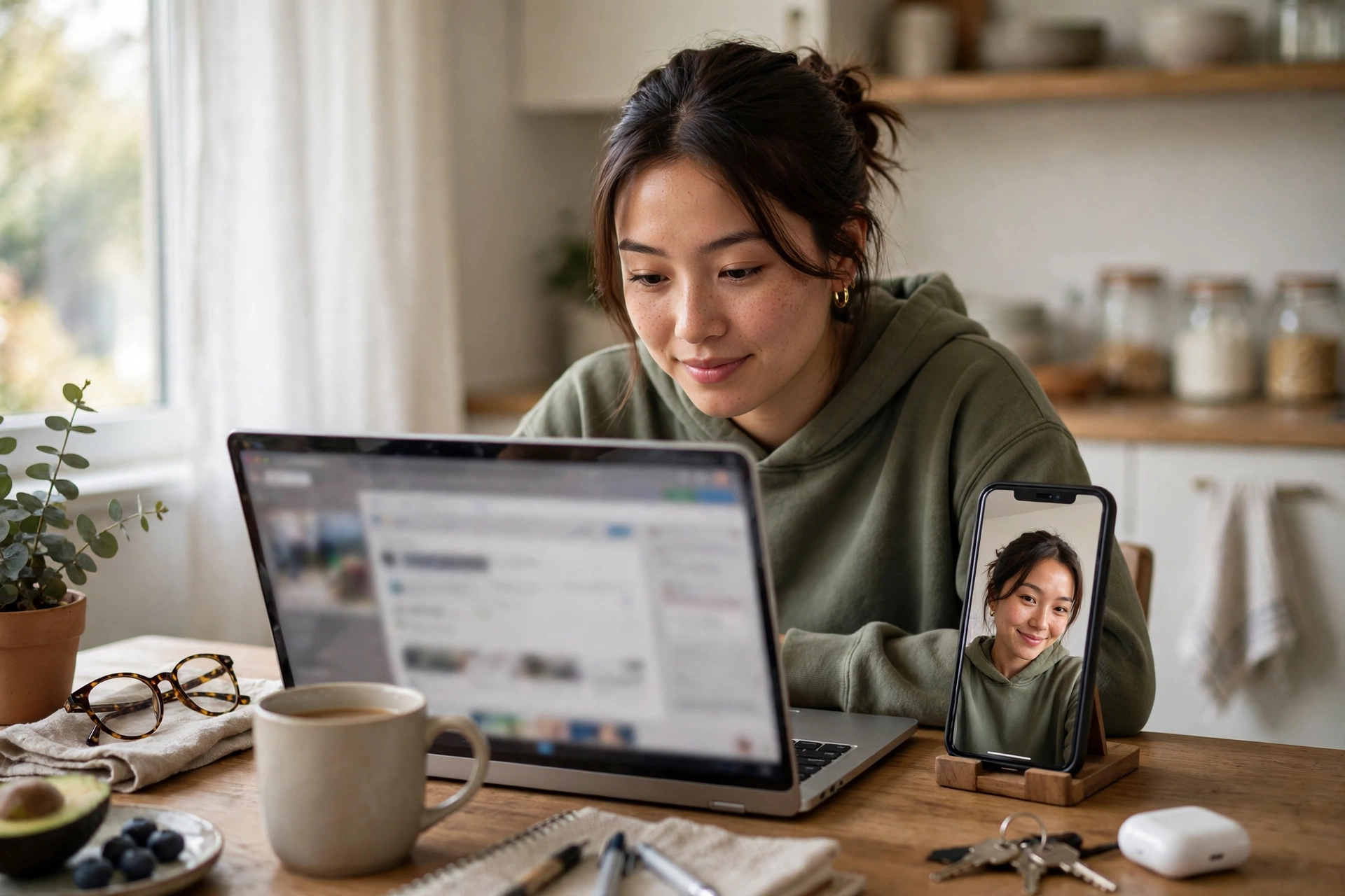 Job seeker at a kitchen table updating a LinkedIn profile while preparing a new headshot
