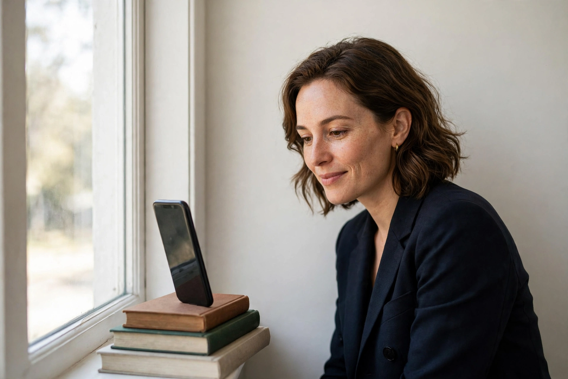 Woman raising her phone to eye level by a bright window while learning how to take a selfie for a headshot
